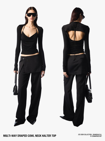 commonce net Pleated Ruched Tie Halter Lapel Convertible Cropped Women&