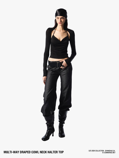 commonce net Pleated Ruched Tie Halter Lapel Convertible Cropped Women&
