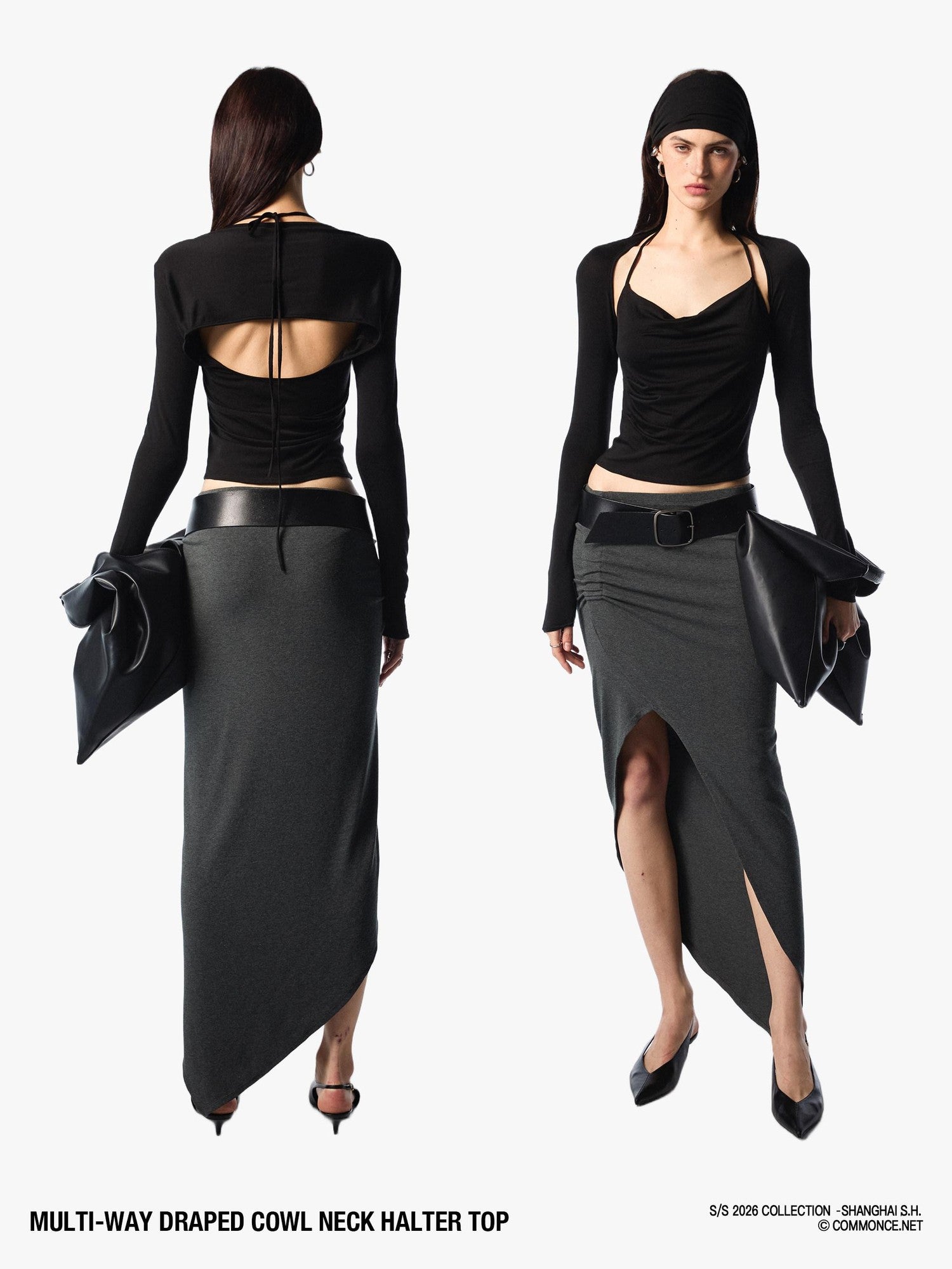 commonce net Pleated Ruched Tie Halter Lapel Convertible Cropped Women&