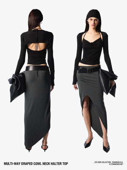 commonce net Pleated Ruched Tie Halter Lapel Convertible Cropped Women&