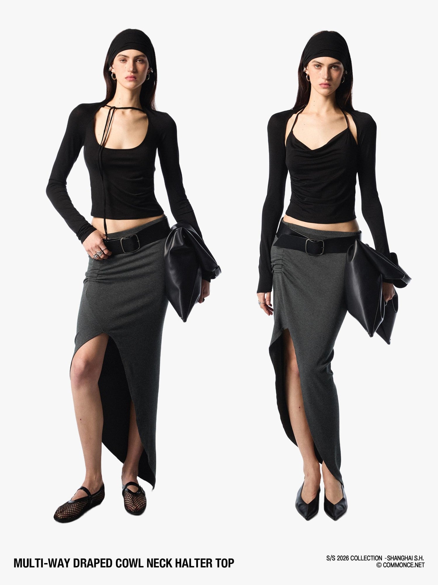 commonce net Pleated Ruched Tie Halter Lapel Convertible Cropped Women&
