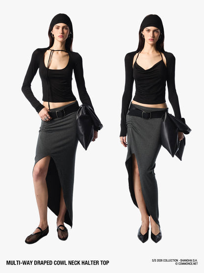 commonce net Pleated Ruched Tie Halter Lapel Convertible Cropped Women&