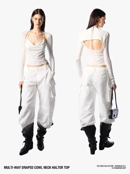 commonce net Pleated Ruched Tie Halter Lapel Convertible Cropped Women&