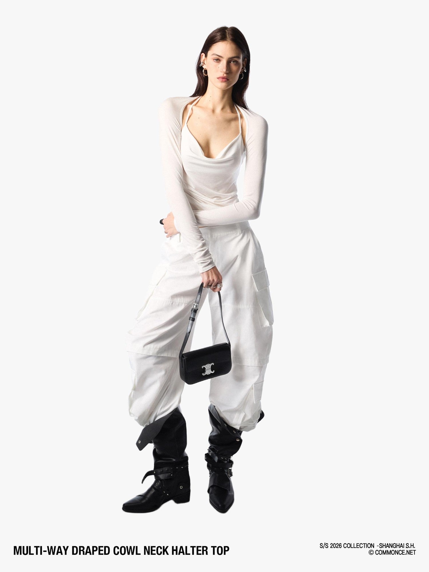 commonce net Pleated Ruched Tie Halter Lapel Convertible Cropped Women&