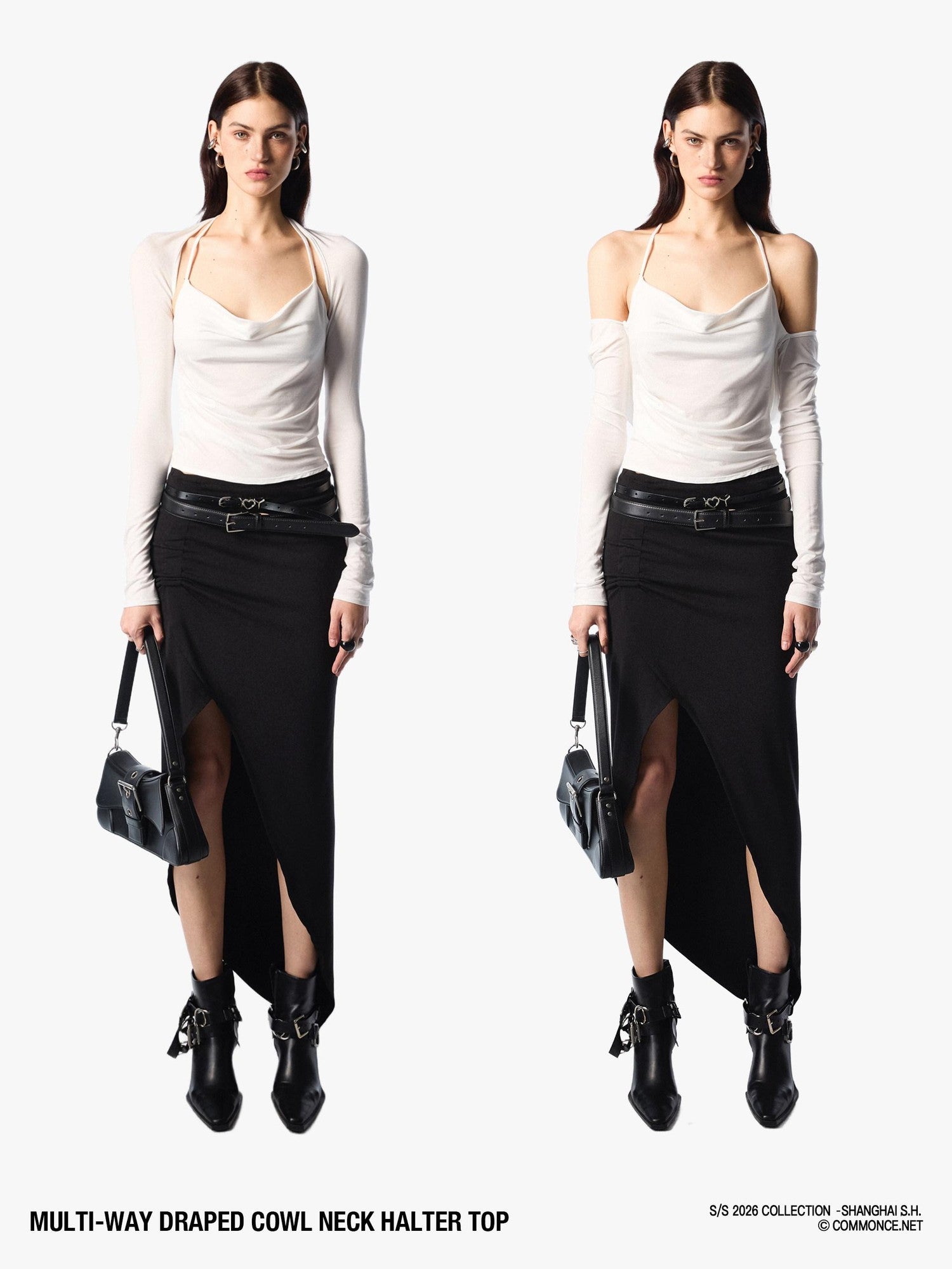 commonce net Pleated Ruched Tie Halter Lapel Convertible Cropped Women&