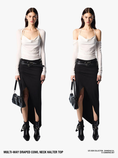 commonce net Pleated Ruched Tie Halter Lapel Convertible Cropped Women&