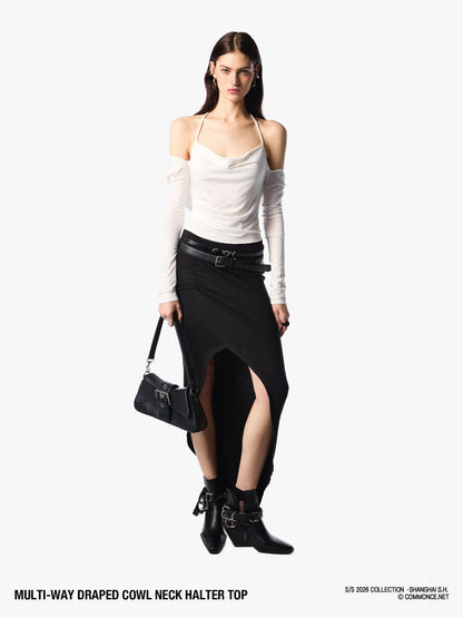 commonce net Pleated Ruched Tie Halter Lapel Convertible Cropped Women&