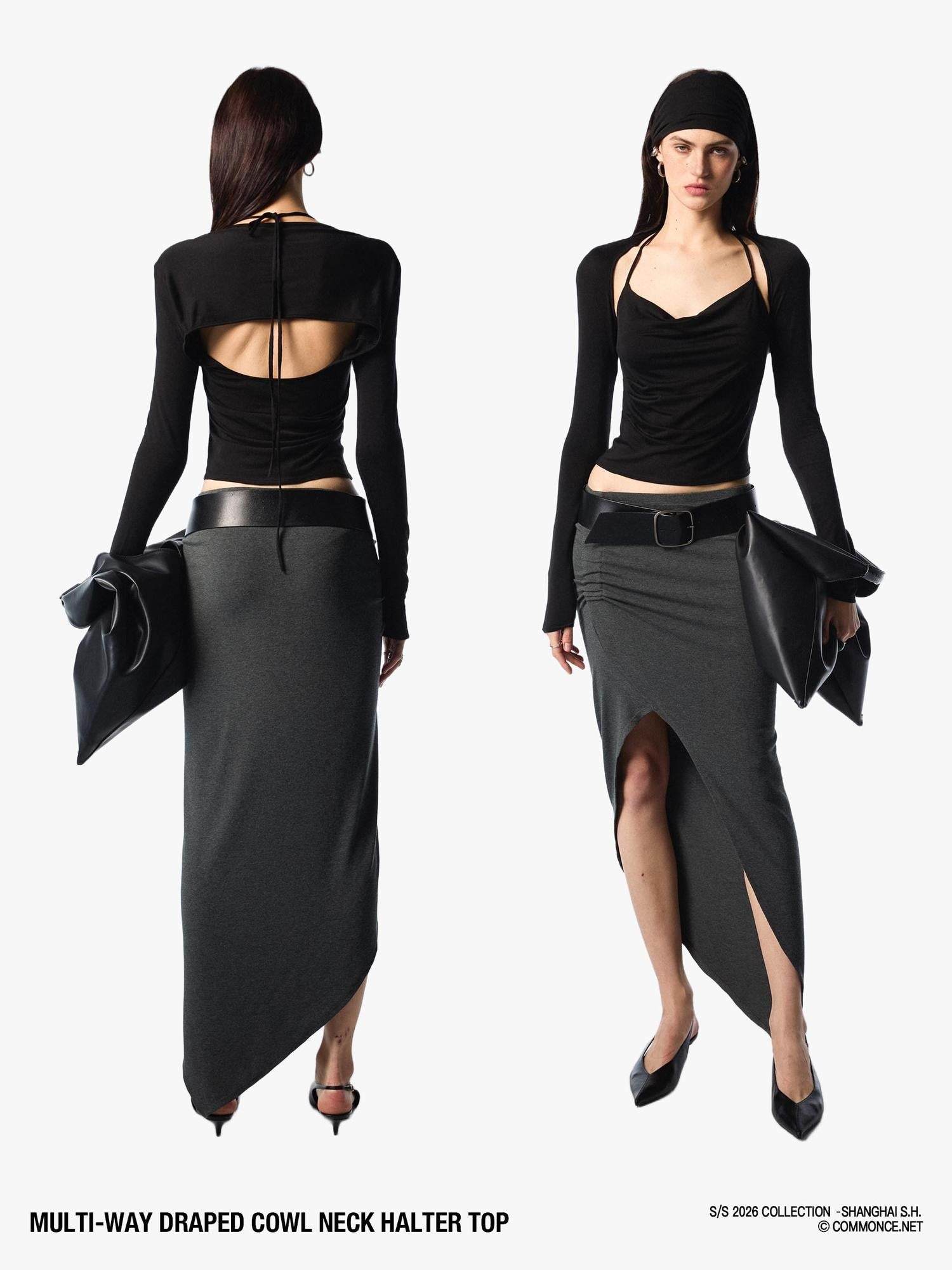 commonce net Pleated Ruched Tie Halter Lapel Convertible Cropped Women&