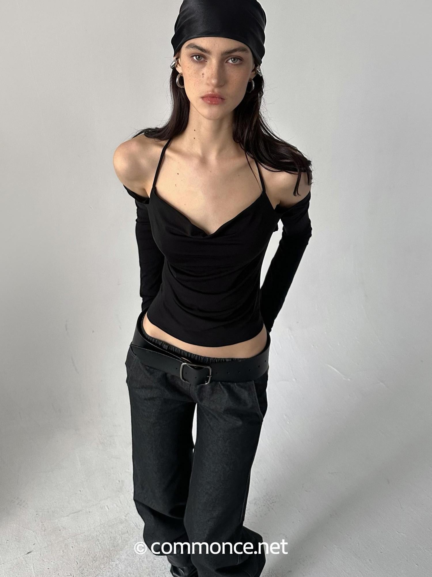 commonce net Pleated Ruched Tie Halter Lapel Convertible Cropped Women&