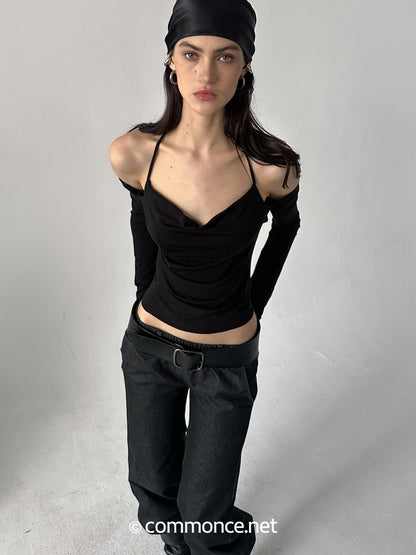 commonce net Pleated Ruched Tie Halter Lapel Convertible Cropped Women&