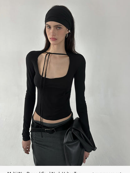 commonce net Pleated Ruched Tie Halter Lapel Convertible Cropped Women&