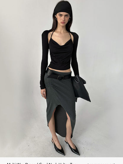 commonce net Pleated Ruched Tie Halter Lapel Convertible Cropped Women&