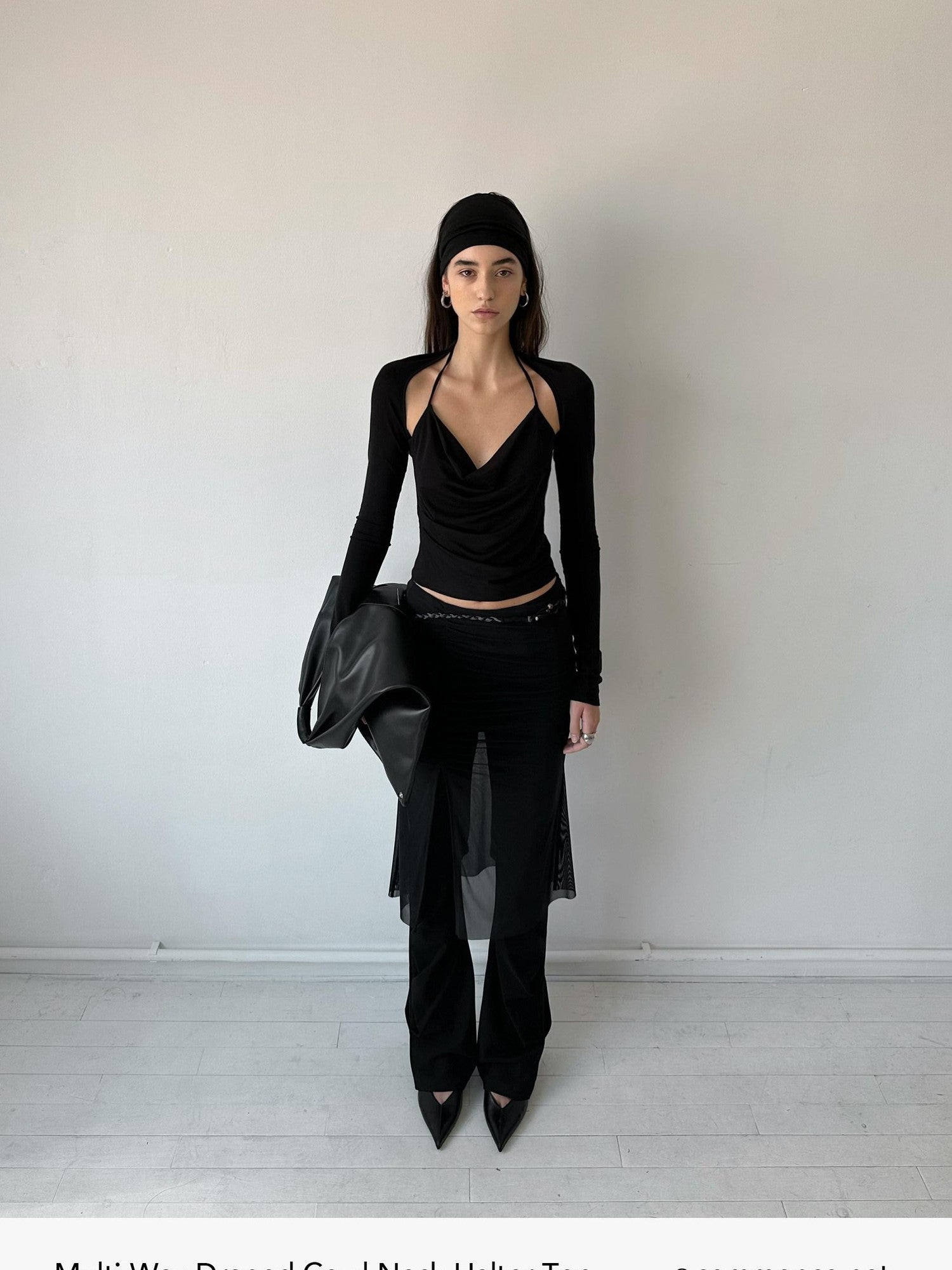 commonce net Pleated Ruched Tie Halter Lapel Convertible Cropped Women&