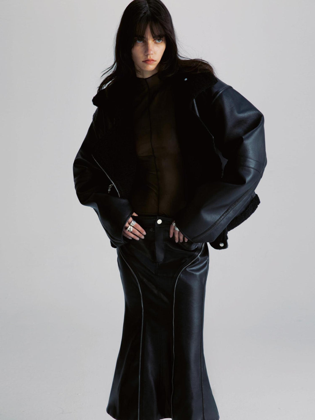 commonce net Pu Leather Reversible Biker Jacket With Diagonal Zipper