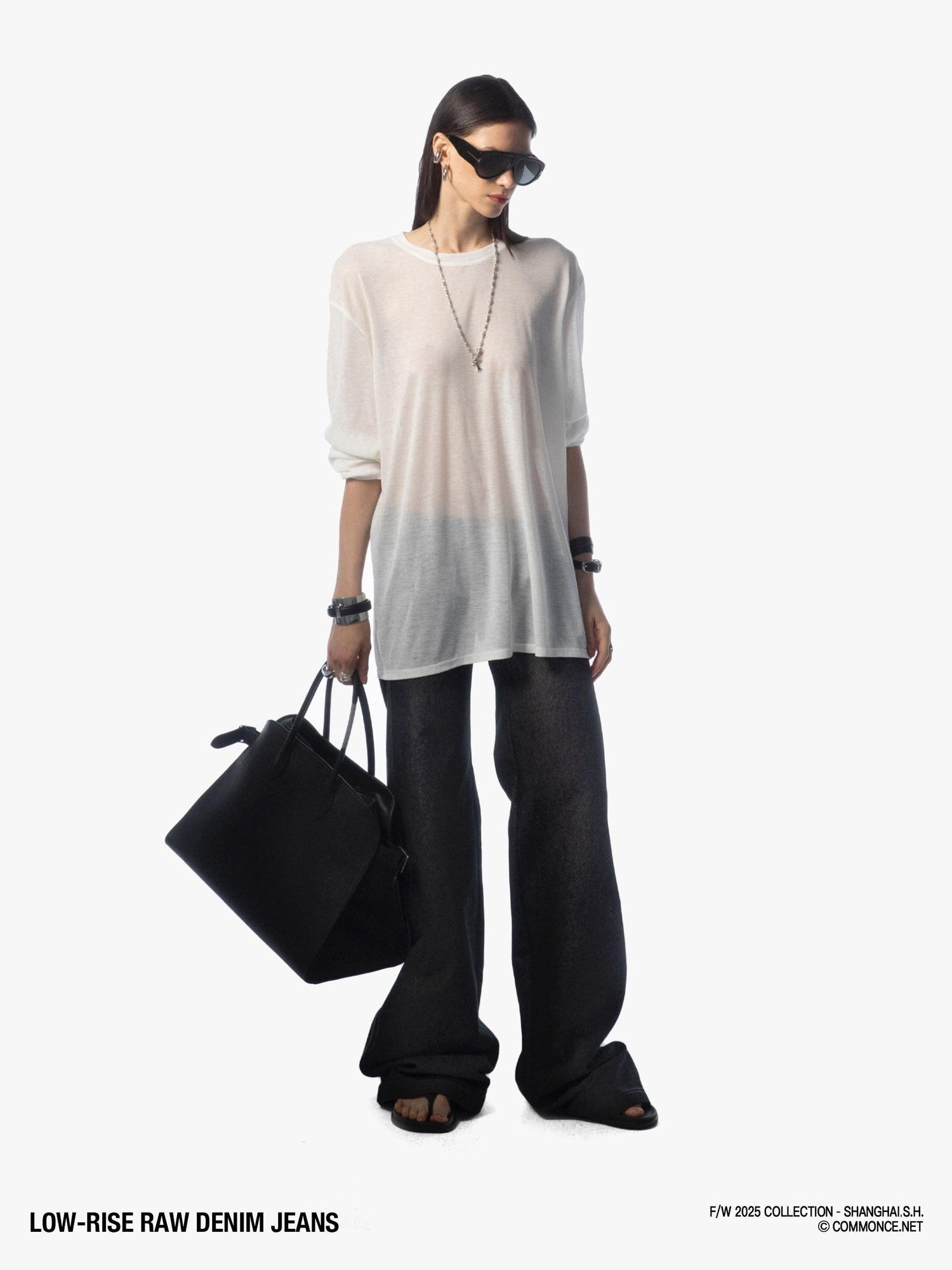 commonce net Raw Denim Elastic Waist Straight Leg Androgynous Women&