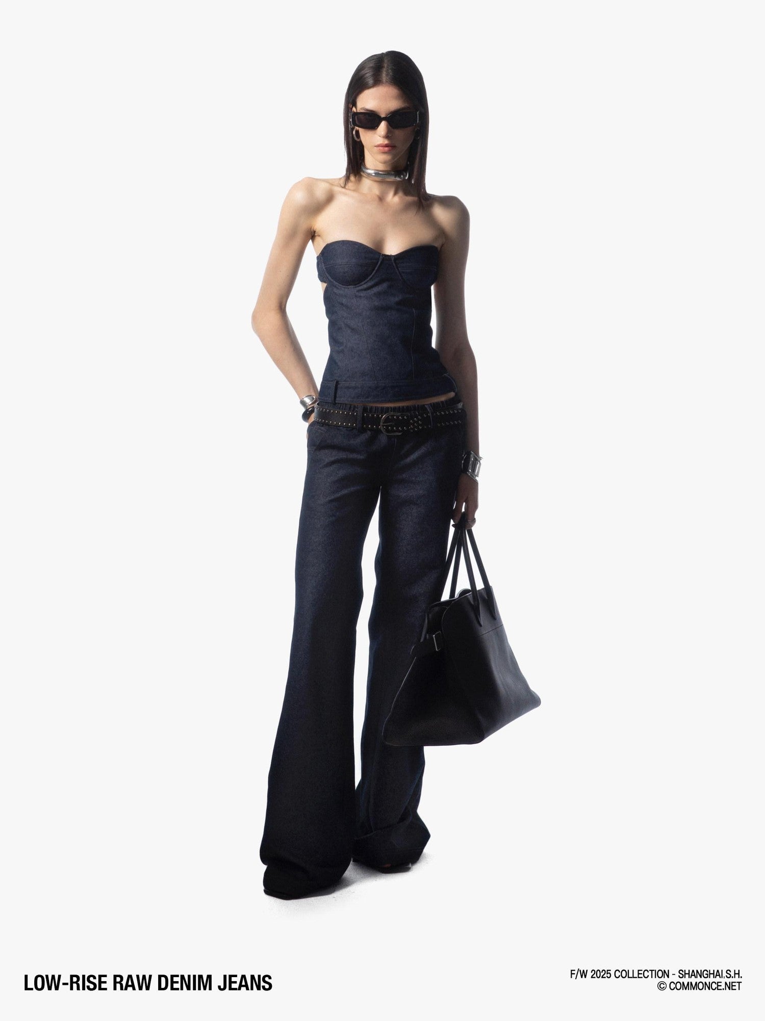 commonce net Raw Denim Elastic Waist Straight Leg Androgynous Women&