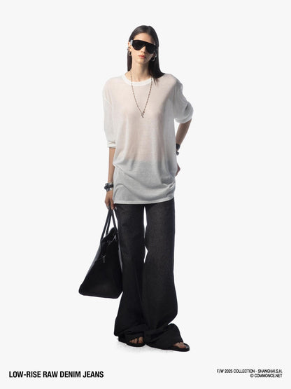 commonce net Raw Denim Elastic Waist Straight Leg Androgynous Women&