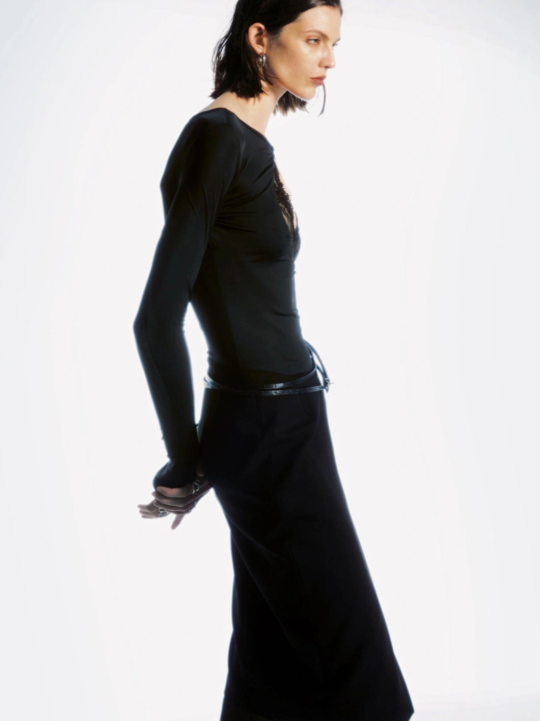 Reversible Lace Panel Bodysuit V-neck T-shirt Long Sleeve