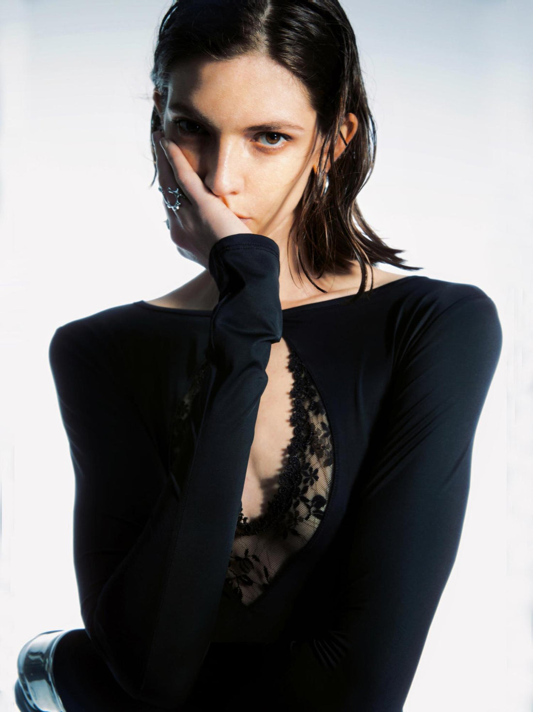 commonce net Reversible Lace Panel Bodysuit V-neck T-shirt Long Sleeve