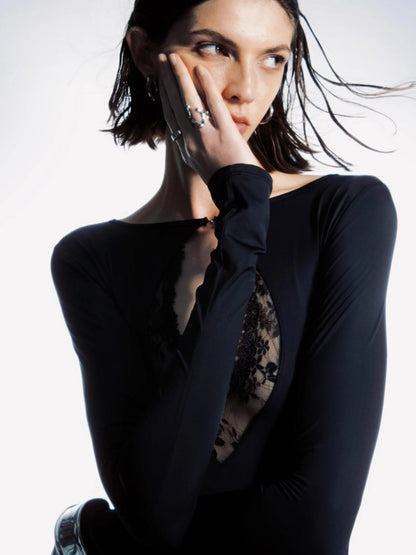 Reversible Lace Panel Bodysuit V-neck T-shirt Long Sleeve