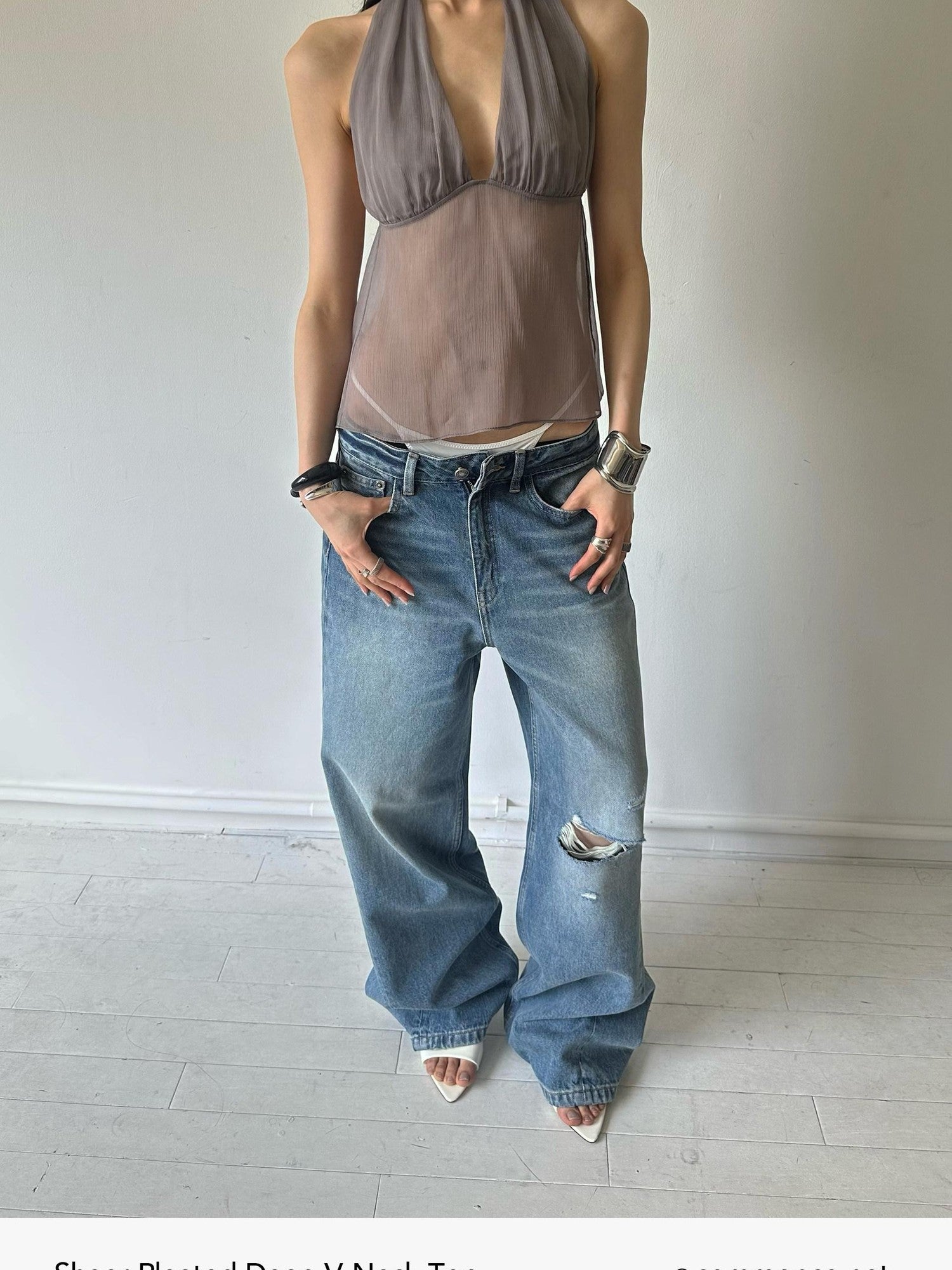 commonce net Semi Sheer Ruched Deep V Bandeau Loose Fit Women&