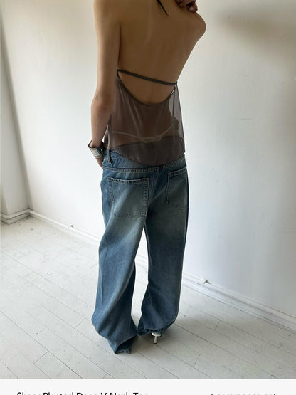 commonce net Semi Sheer Ruched Deep V Bandeau Loose Fit Women&