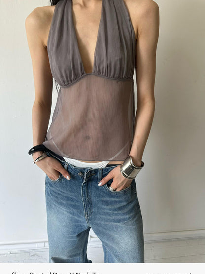 commonce net Semi Sheer Ruched Deep V Bandeau Loose Fit Women&