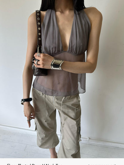 commonce net Semi Sheer Ruched Deep V Bandeau Loose Fit Women&