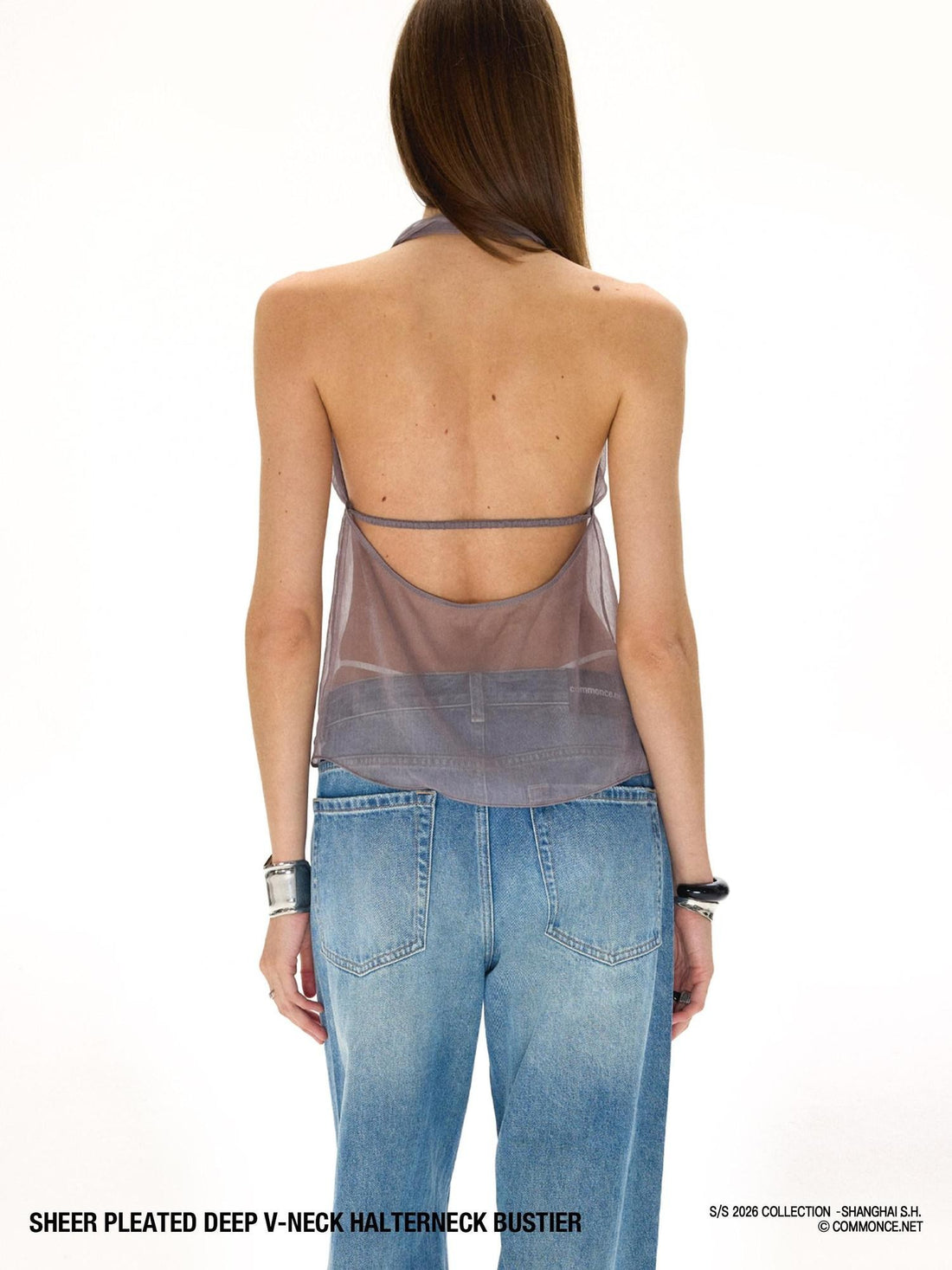 commonce net Semi Sheer Ruched Deep V Bandeau Loose Fit Women&