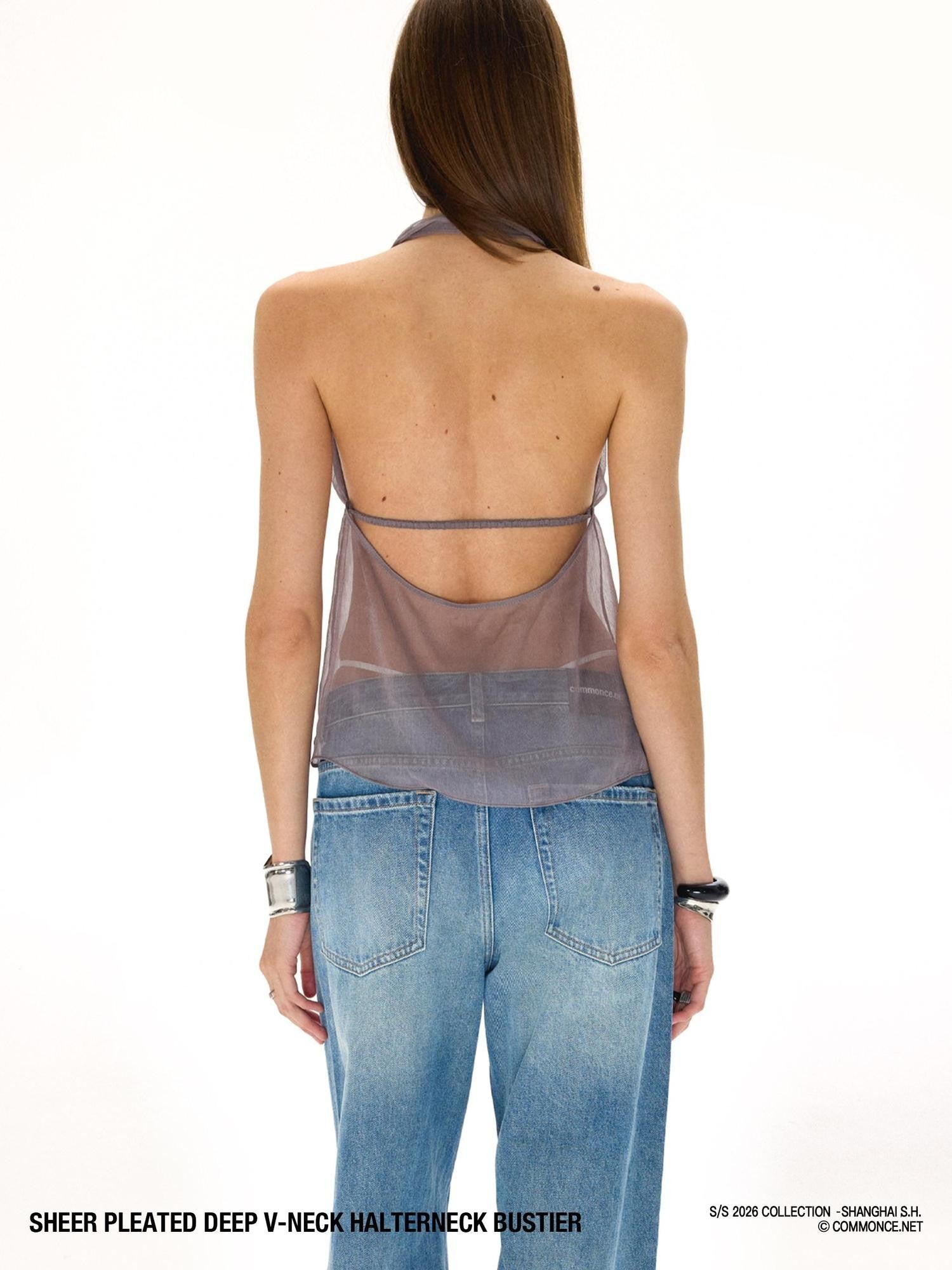 commonce net Semi Sheer Ruched Deep V Bandeau Loose Fit Women&