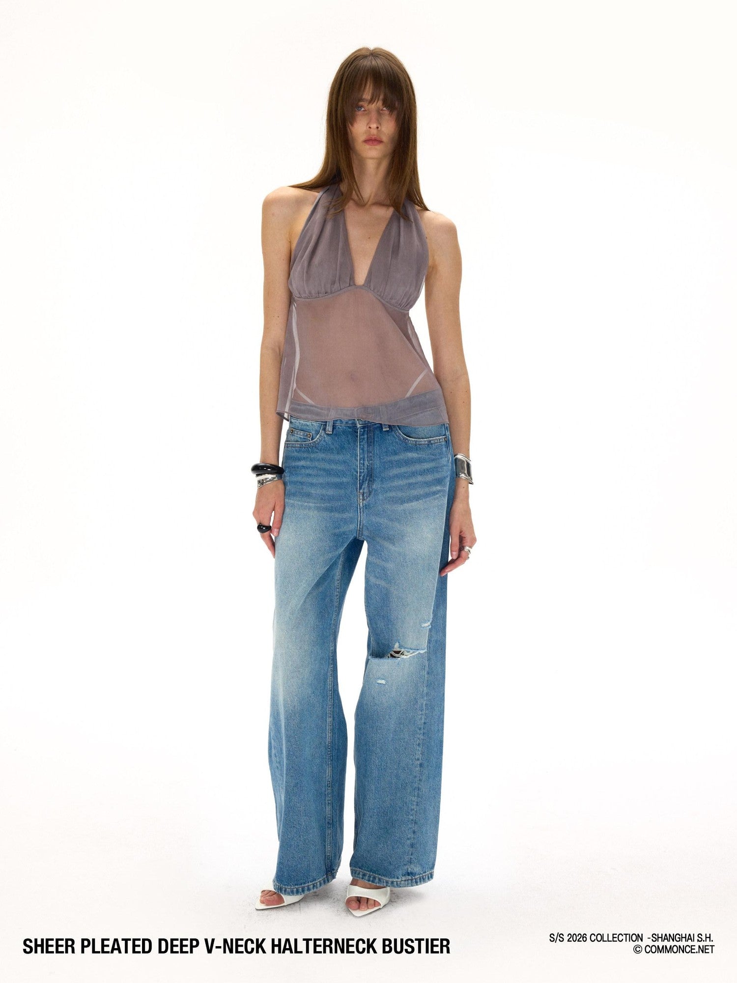 commonce net Semi Sheer Ruched Deep V Bandeau Loose Fit Women&