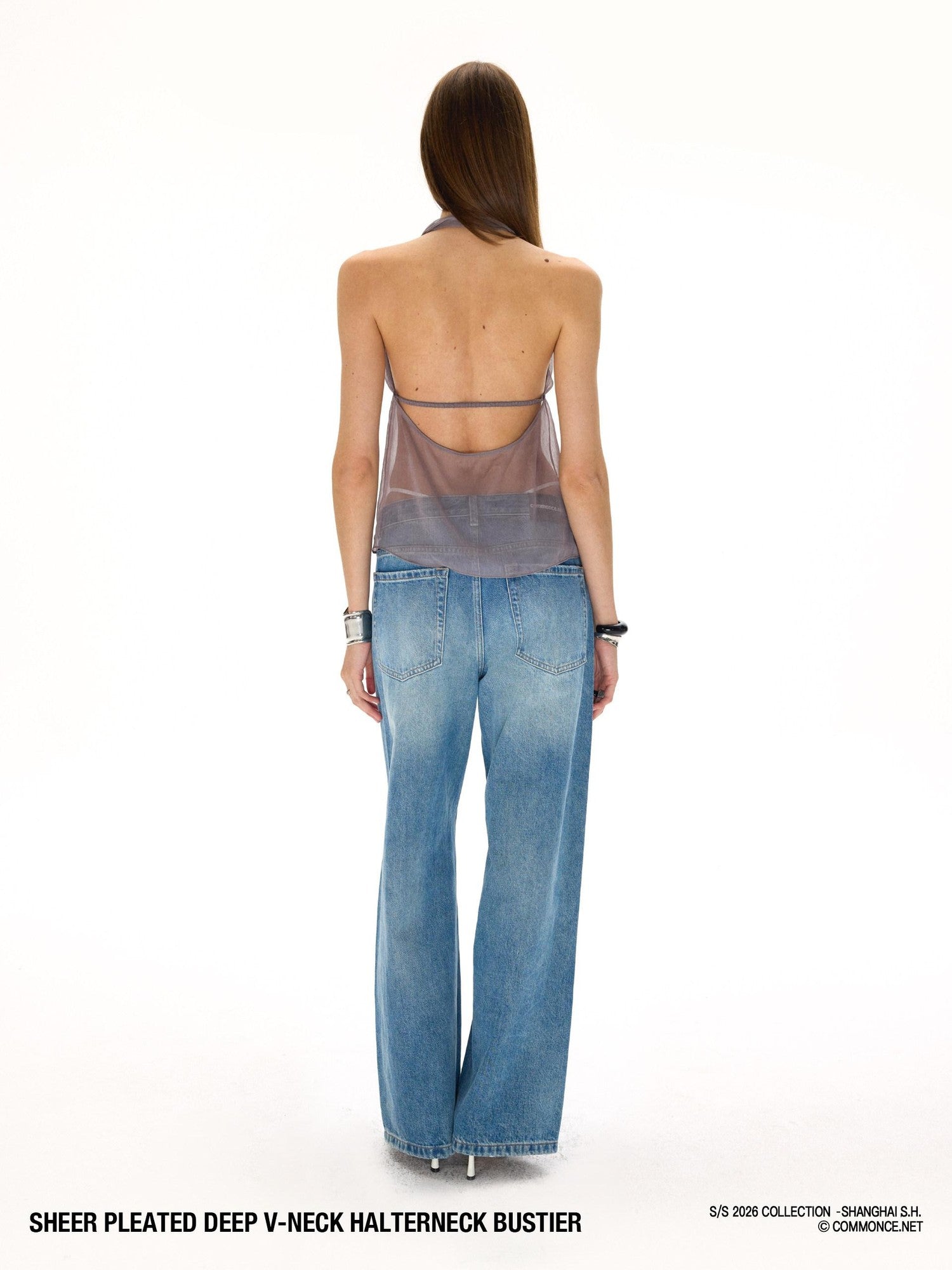 commonce net Semi Sheer Ruched Deep V Bandeau Loose Fit Women&