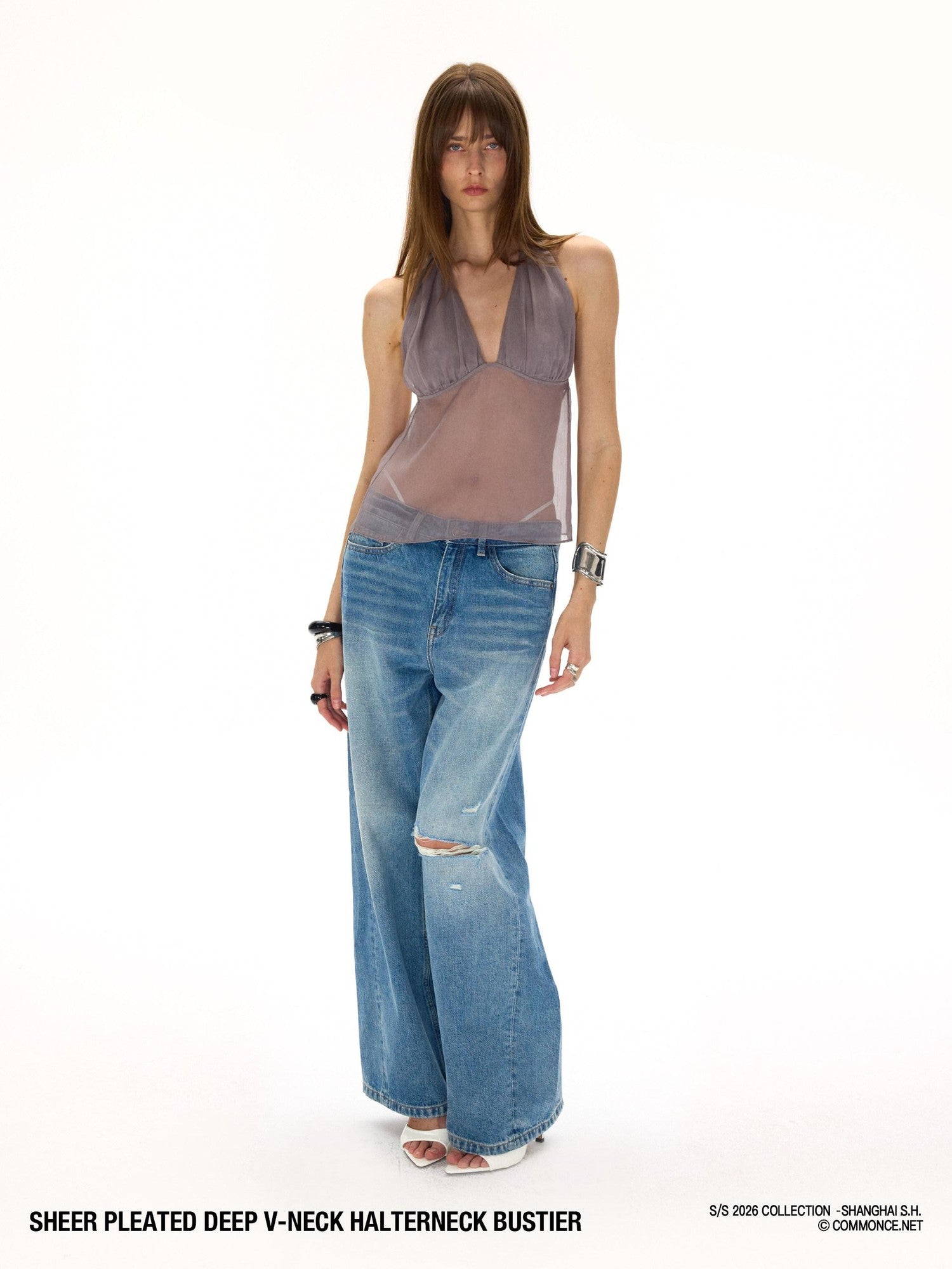 commonce net Semi Sheer Ruched Deep V Bandeau Loose Fit Women&