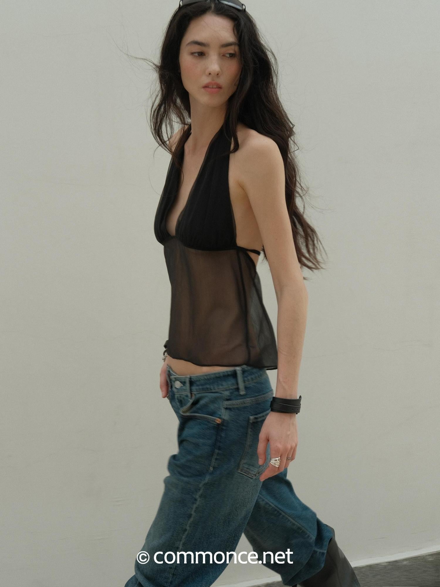 commonce net Semi Sheer Ruched Deep V Bandeau Loose Fit Women&