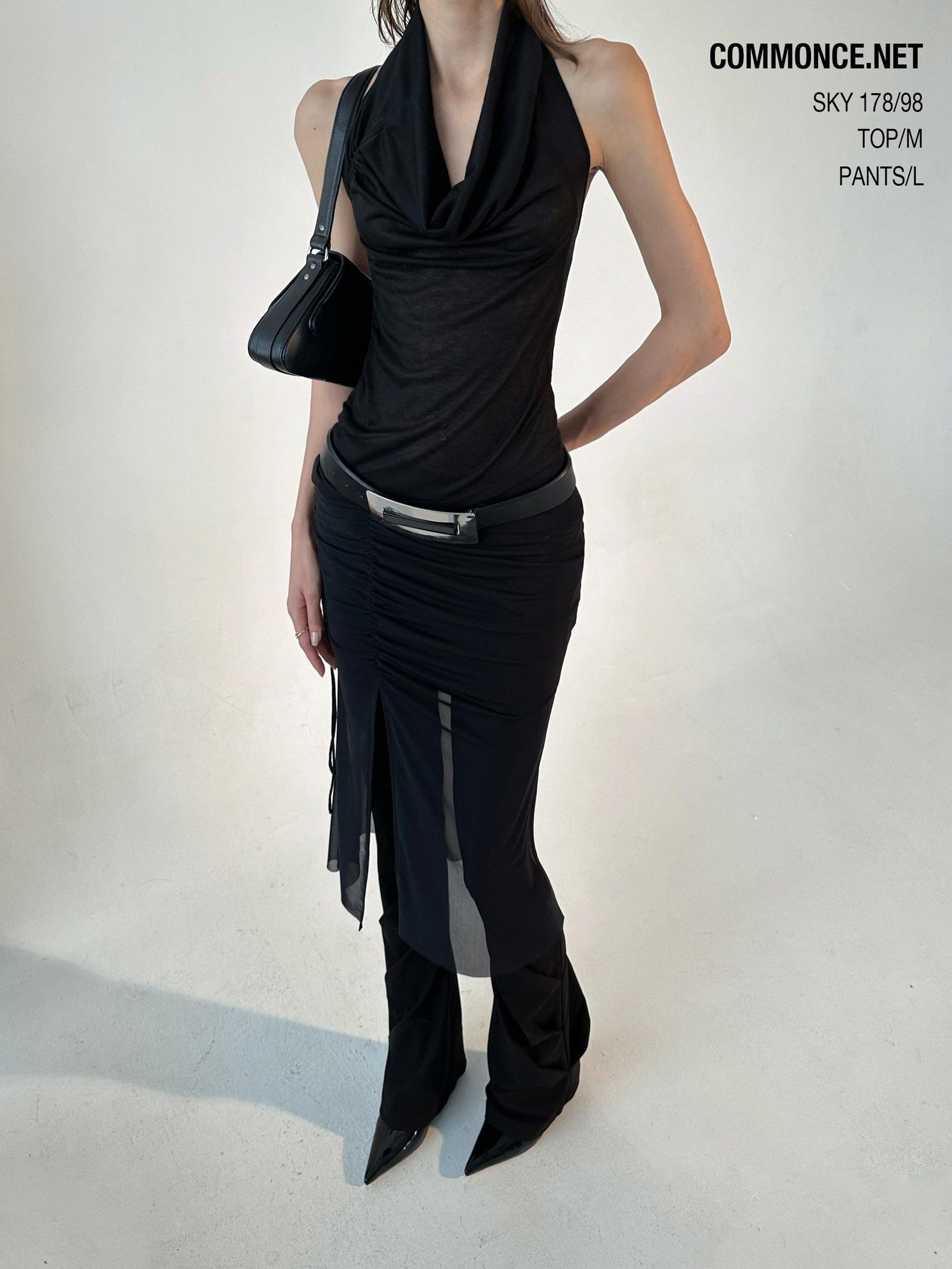 commonce net Sheer Asymmetrical Hem Drawstring Ruched Draped Women&