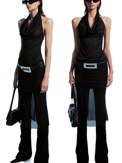 commonce net Sheer Asymmetrical Hem Drawstring Ruched Draped Women&