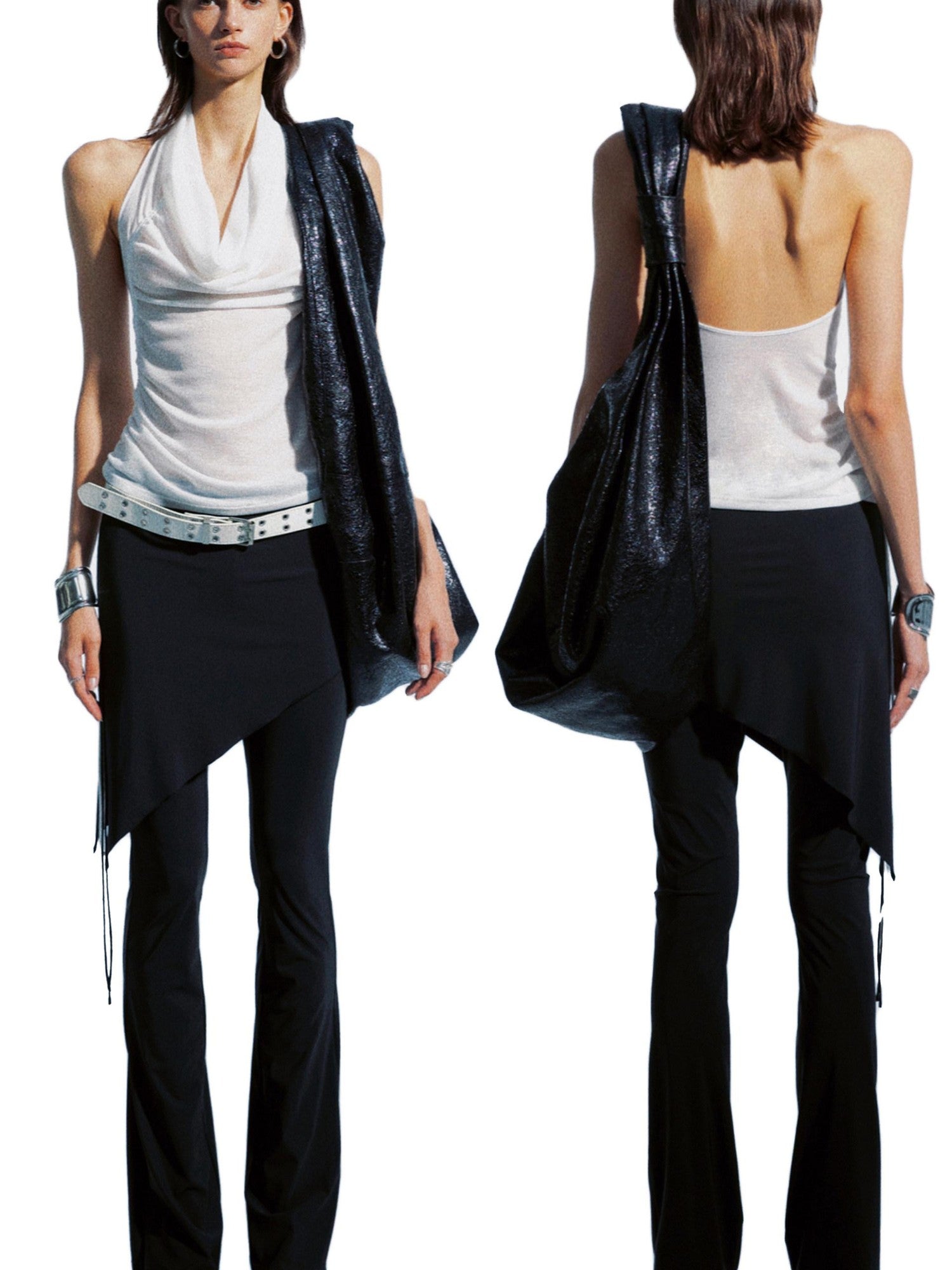 commonce net Sheer Asymmetrical Hem Drawstring Ruched Draped Women&