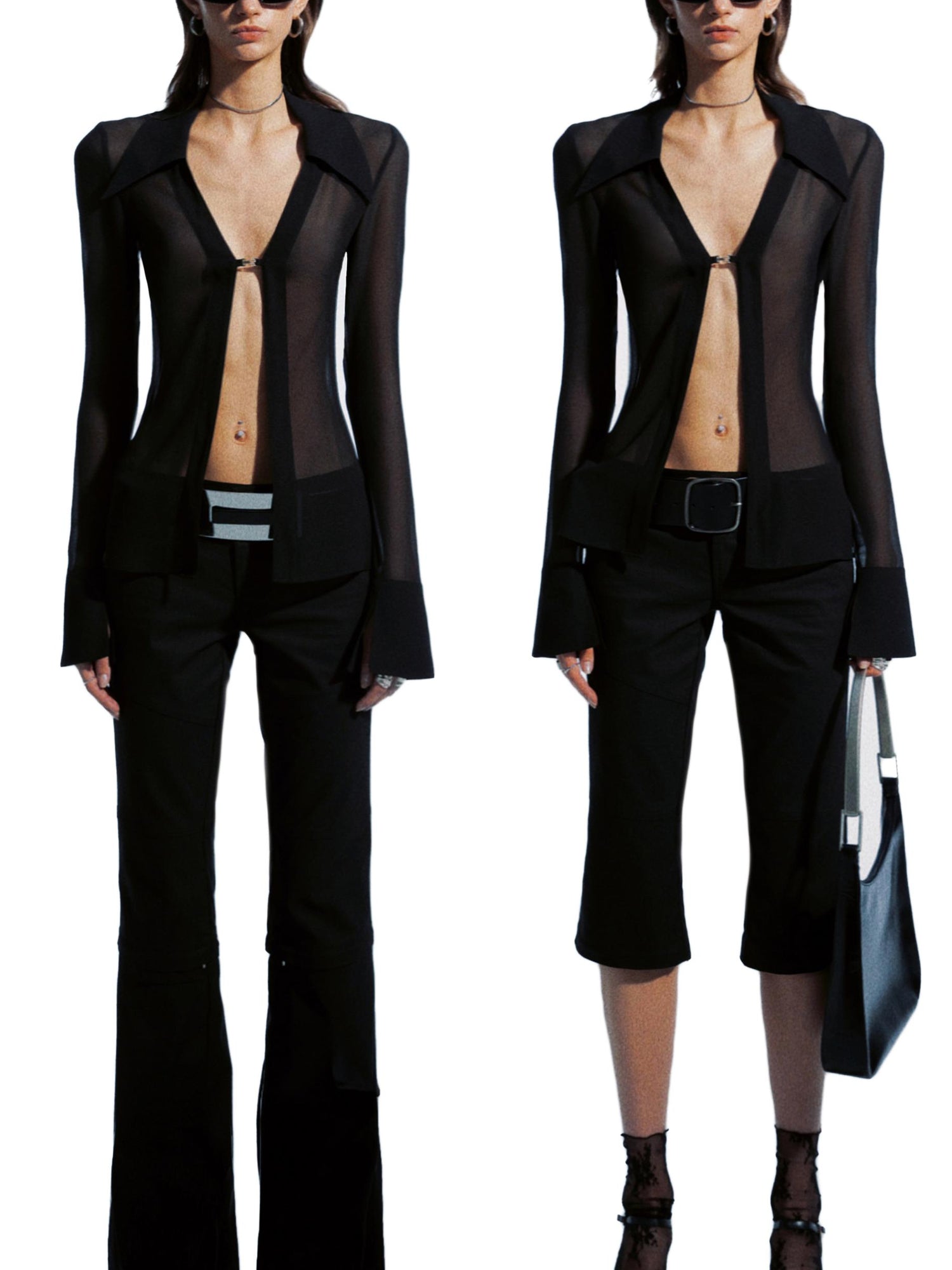 commonce net Sheer Clasp Waist Defining Metal Button Shirt