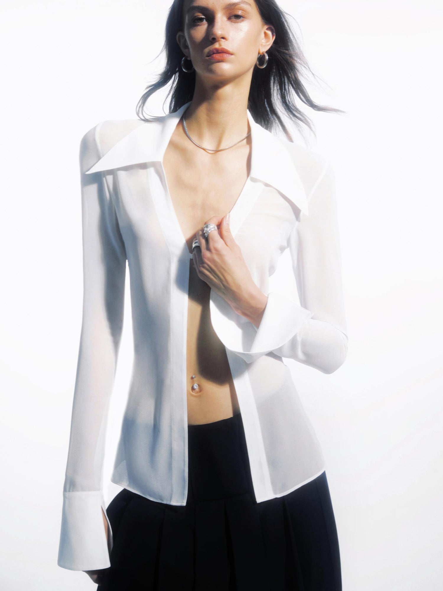 commonce net Sheer Clasp Waist Defining Metal Button Shirt