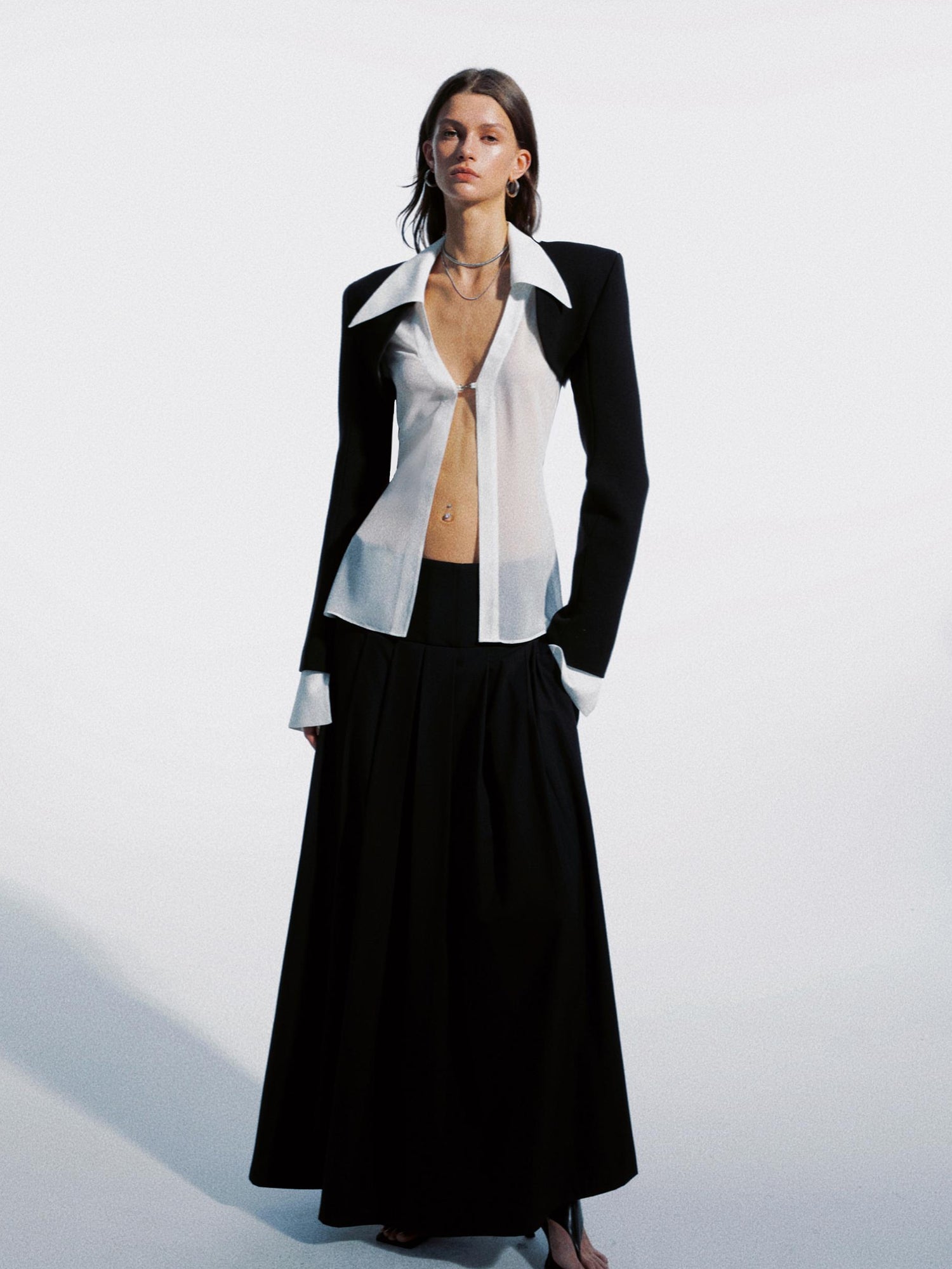 commonce net Sheer Clasp Waist Defining Metal Button Shirt