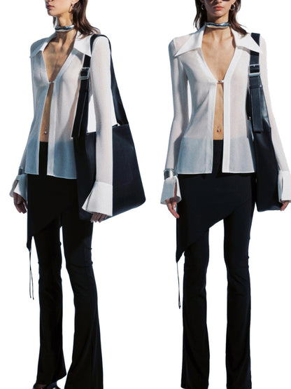commonce net Sheer Clasp Waist Defining Metal Button Shirt