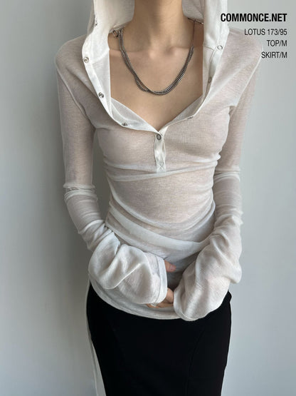 commonce_net_Sheer_Ruched_Drawstring_Hooded_Mockneck_Women&