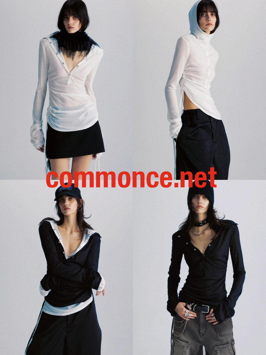 commonce net Sheer Ruched Drawstring Hooded Mockneck Women&