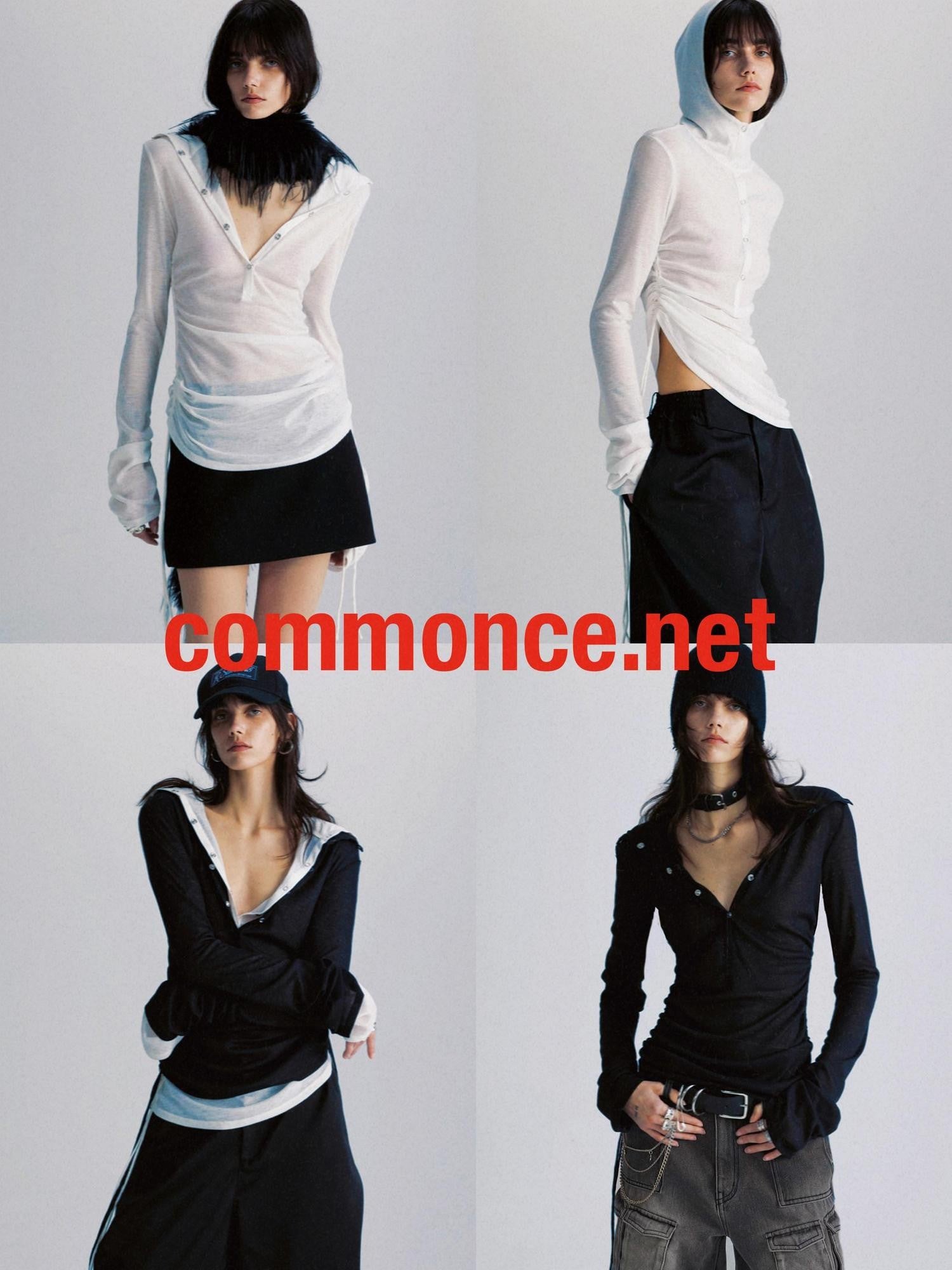commonce net Sheer Ruched Drawstring Hooded Mockneck Women&