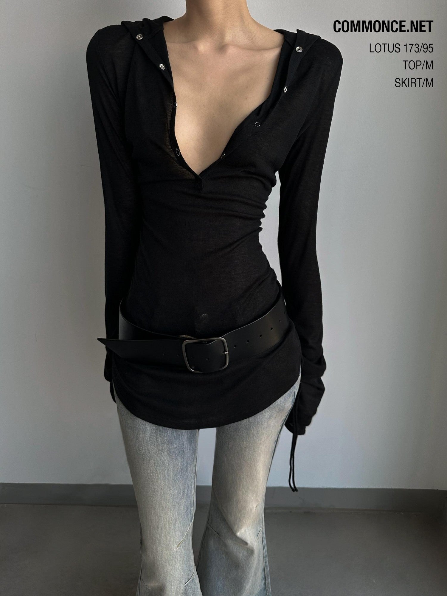 commonce net Sheer Ruched Drawstring Hooded Mockneck Women&