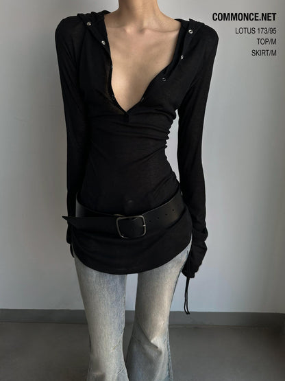 commonce net Sheer Ruched Drawstring Hooded Mockneck Women&