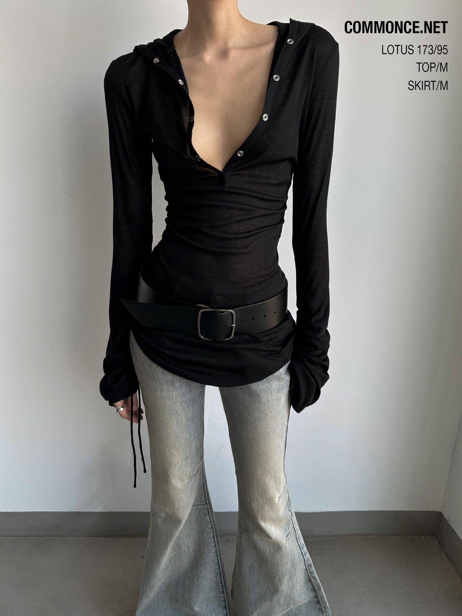 commonce net Sheer Ruched Drawstring Hooded Mockneck Women&