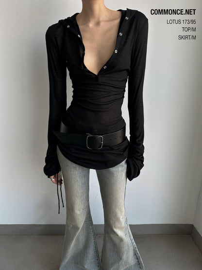 commonce net Sheer Ruched Drawstring Hooded Mockneck Women&