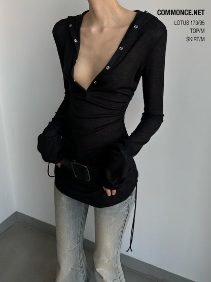 commonce net Sheer Ruched Drawstring Hooded Mockneck Women&
