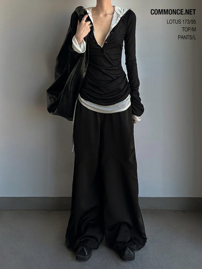 commonce net Sheer Ruched Drawstring Hooded Mockneck Women&